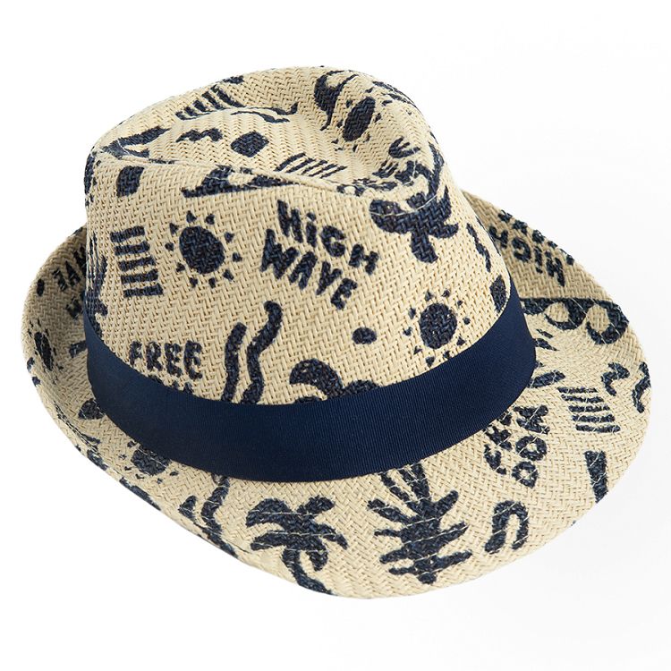 כובע קש בצבע בז' בהיר עם הדפסי קיץ