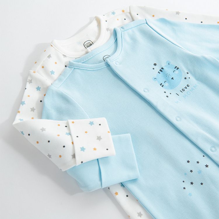 Blue and white long sleeve footed overall with animals print