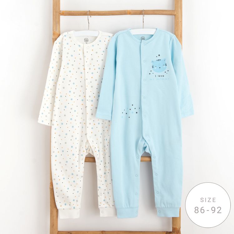 Blue and white long sleeve footed overall with animals print
