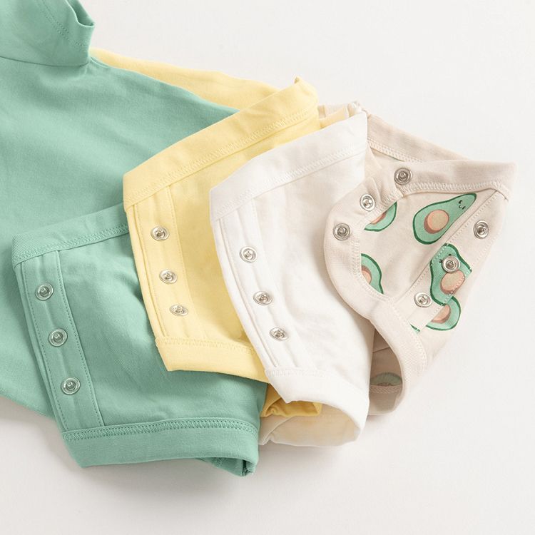 מארז בגדי גוף שרוול קצר 4 יח׳ - לבן, בז׳, ירוק וצהוב עם הדפס אבוקדו