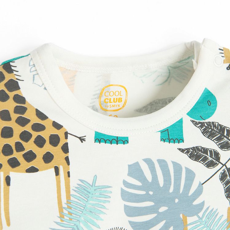 White short sleeve bodysuit with jungle animals print