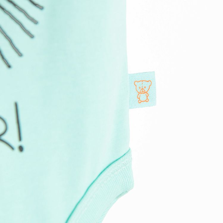 Light turquoise short sleeve bodysuit with lion ROARRRR print