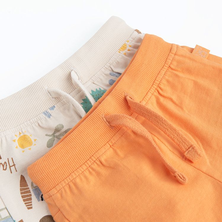 Orange and beige shorts with summer travel print- 2 pack