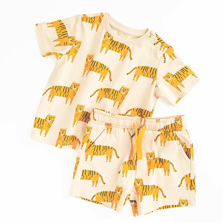 Beige set, T-shirt and shorts with tigers print- 2 pieces