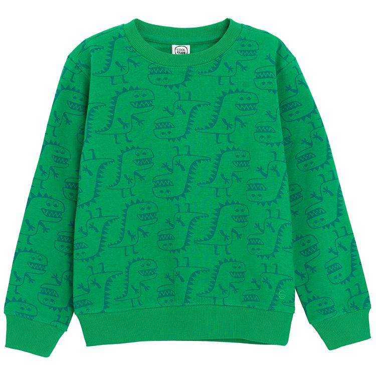 סט טרנינג, סווטשירט ירוק עם הדפס דינוזאורים ומכנסיים כחולים עם חוט
