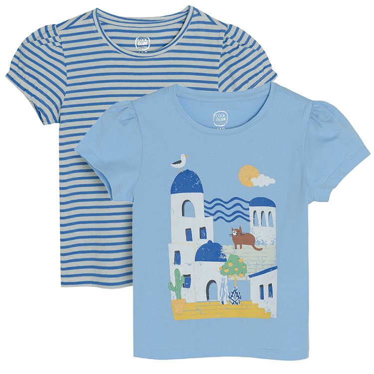 מארז חולצות טי שרוול קצר 2 יח' - כחול עם הדפס בנושא קיץ ומפוספס
