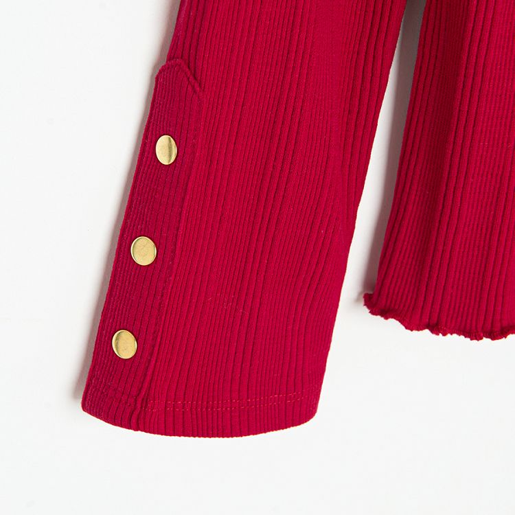 Red long sleeve blouse with buttons on the sleeves