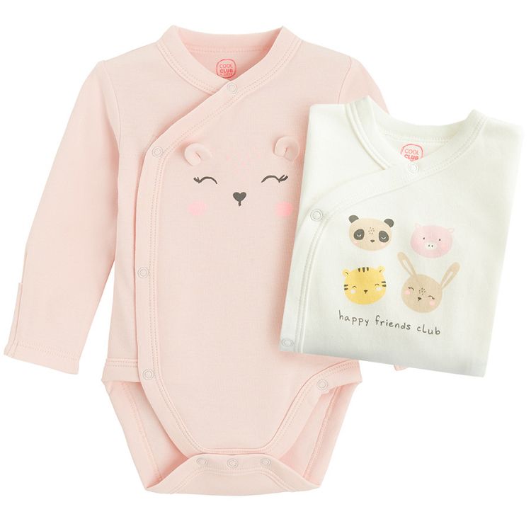 White and pink wrap long sleeve bodysuits with cute animals' face print