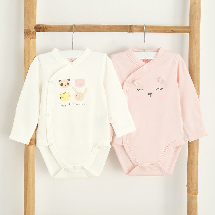 White and pink wrap long sleeve bodysuits with cute animals' face print