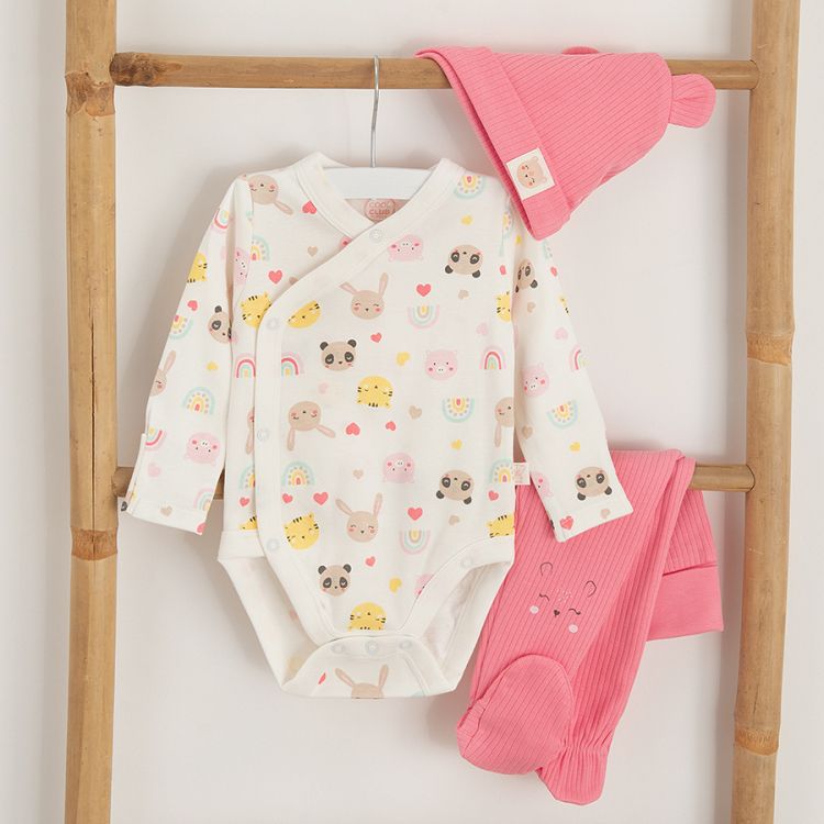 White wrap long sleeve bodysuit, pink footed leggings with bunny print and pink hat- 3 pieces