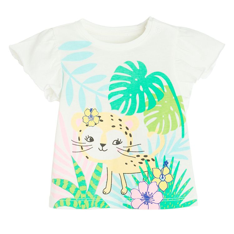 White with cheetah in jungle print T-shirt and pink wrap shorts - 2 pieces