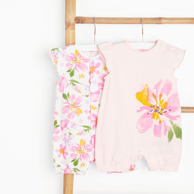 White and pink rompers with flower print- 2 pack