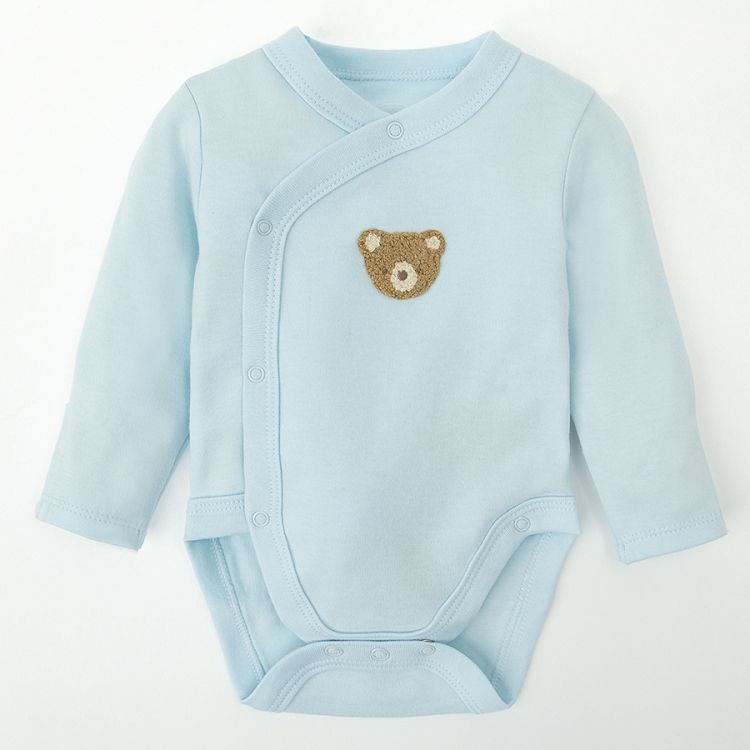 מארז בגדי גוף מעטפת שרוול ארוך 2 יח' - לבן וכחול עם הדפס דובים וצעצועים לתינוק