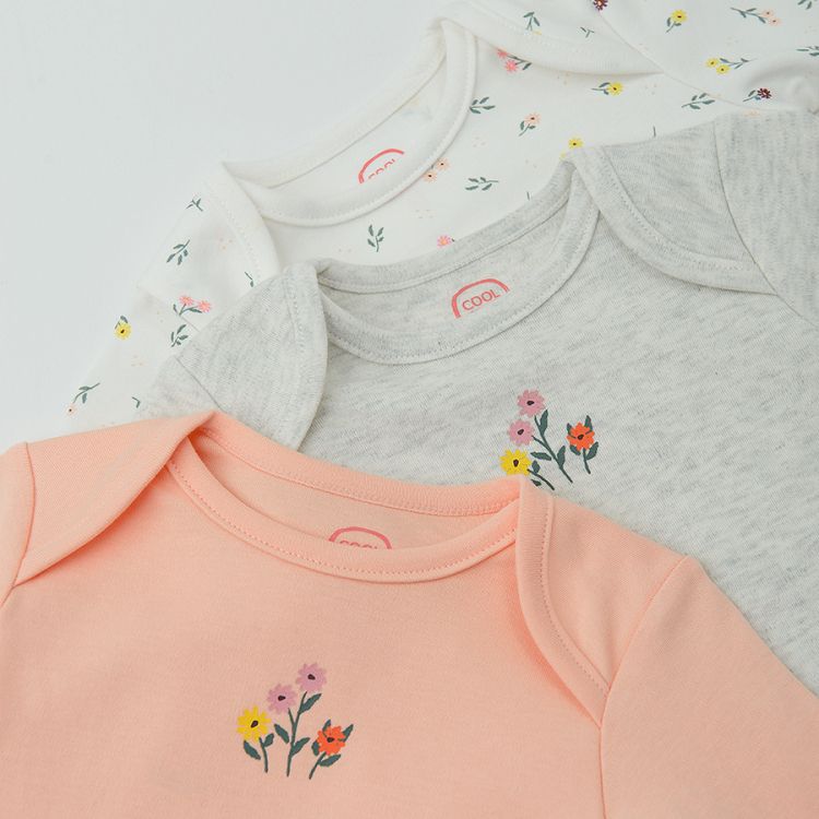 מארז בגדי גוף שרוול ארוך 3 יח' - לבן, אפרסק ואפור עם הדפס פרחים קטנים