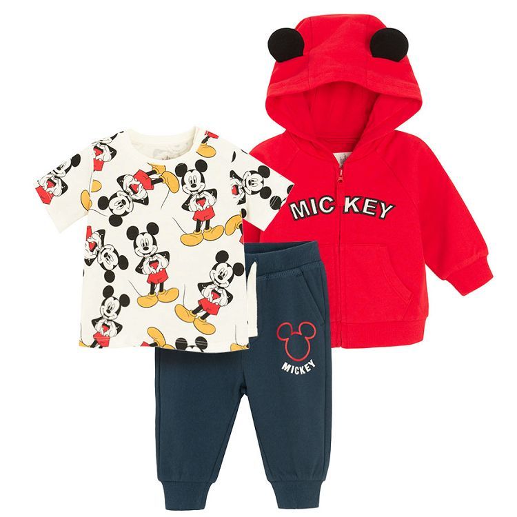 Mickey Mouse set, white short sleeve T-shirt, hooded zip through sweatshirt and blue sweatpants