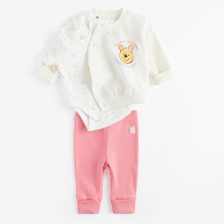 Winnie the Pooh set, white wrap cardigan, short sleeve bodysuit and pink footless leggings- 3 pieces