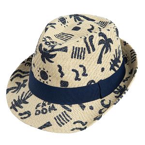 כובע קש בצבע בז' בהיר עם הדפסי קיץ
