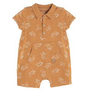 Brown short sleeve romper with parrots print