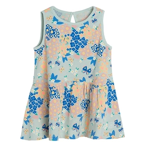 שמלת קיץ ללא שרוולים בצבע זית עם הדפס פרחים ופרפרים