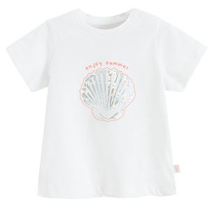 Ecru short sleeve T-shirt with seashell print