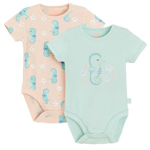 Light pink and light turquoise short sleeve bodysuit with sea horses print- 2 pack