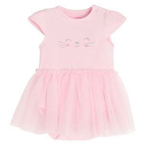 Pink short sleeve bodysuit with kitten print and tulle skirt