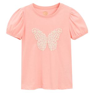 Pink short sleeve blouse with puffy sleeves and butterfly print
