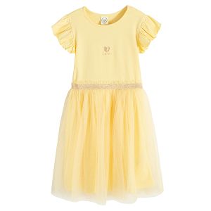 Yellow short sleeve party dress with tulle skirt
