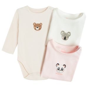 White, ecru and pink long sleeve bodysuits with panda, koala and bear prints