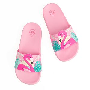 Pink flip flops with flamingo pattern