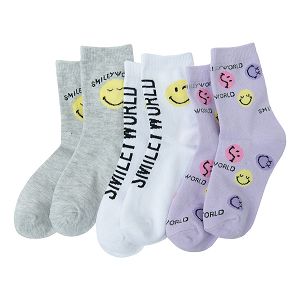 Smiley white, purple and grey socks- 3 pack